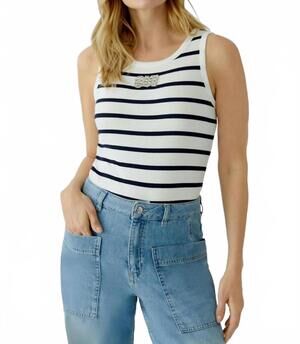 NEW OUI striped with embellished logo tank top in off white blue